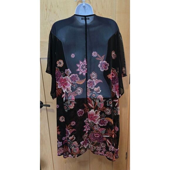 Floral Sheer Kimono Cardigan Black & Pink Boho Style Open Front Womens - Picture 6 of 9